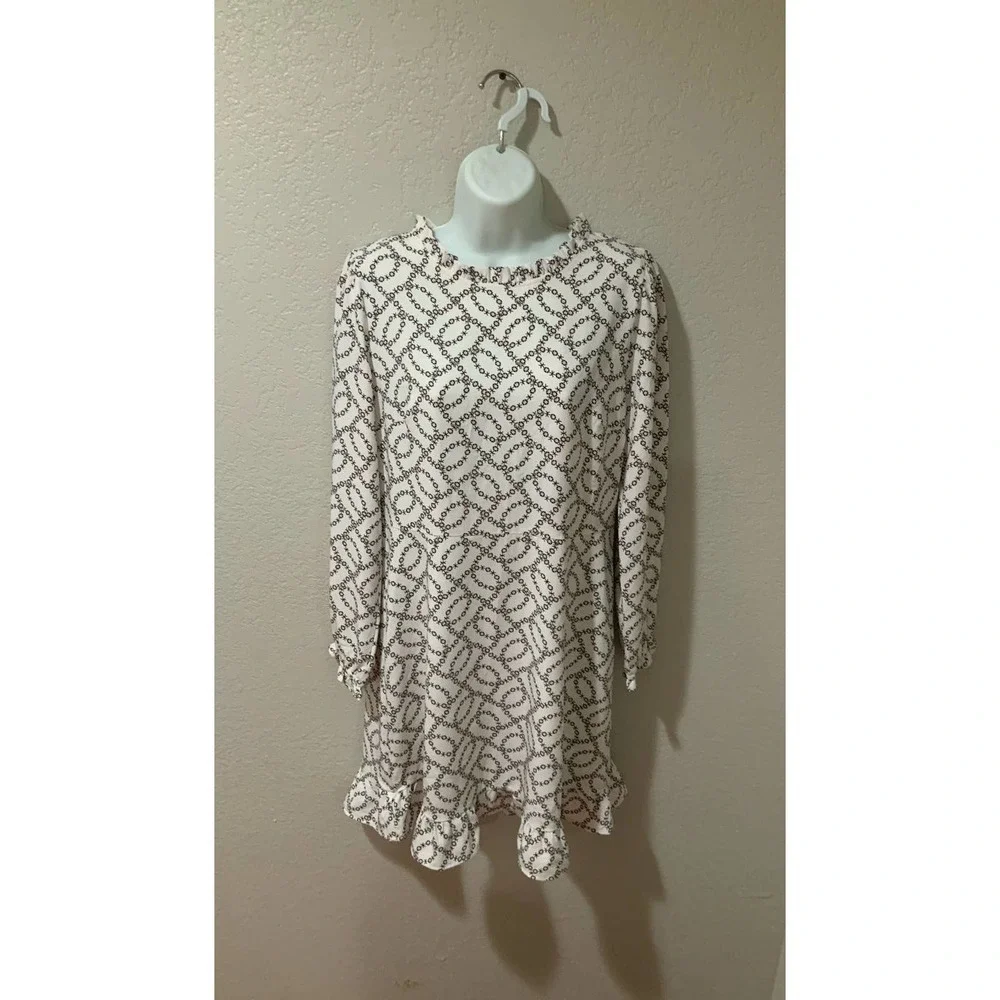 Loft Ruffle Flare Dress White Black Floral Long Sleeve Ruffle Hem size 8 #1094 - Picture 2 of 8